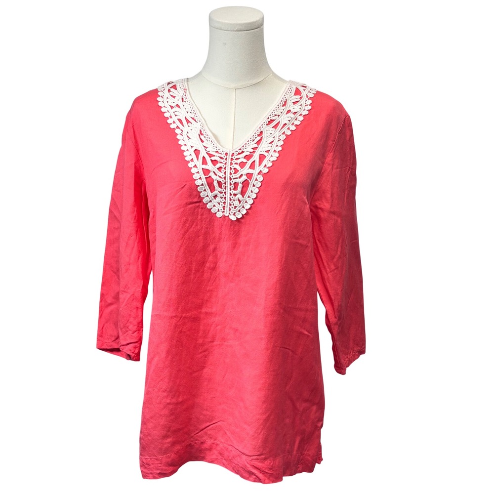 Linen Tunic Top Coral Pink Crochet Boho Beach Premise Sz S